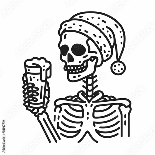  Skeleton wearing a santa hat  hold a beer glass wear santa claus hat tangled wrap around with Christmas lights in christmas party   vector svg clipart
