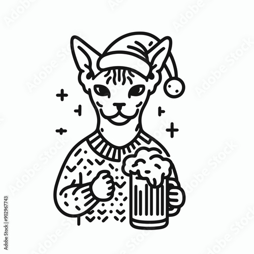  Sphynx Cat wearing a santa hat  hold a glass of beer mug wear santa claus hat tangled wrap around with Christmas lights in christmas party   vector svg clipart