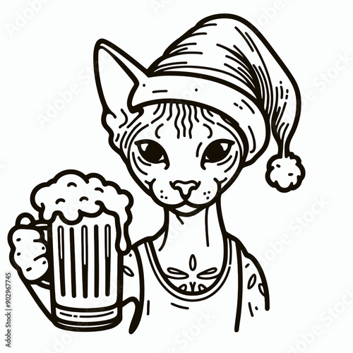 Sphynx Cat wearing a santa hat  hold a glass of beer mug wear santa claus hat tangled wrap around with Christmas lights in christmas party  vector svg clipart 