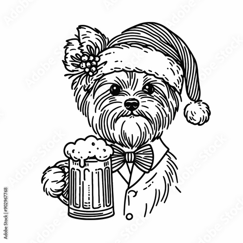  Yorkshire Terrier Dog wearing a santa hat  hold a glass of beer mug wear santa claus hat tangled wrap around with Christmas lights in christmas party   vector svg clipart