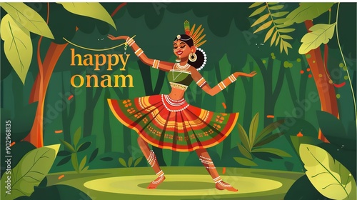 Salutations for a happy Onam.Keralan folk dance known as Thiruvathira. vector design, Generative AI.