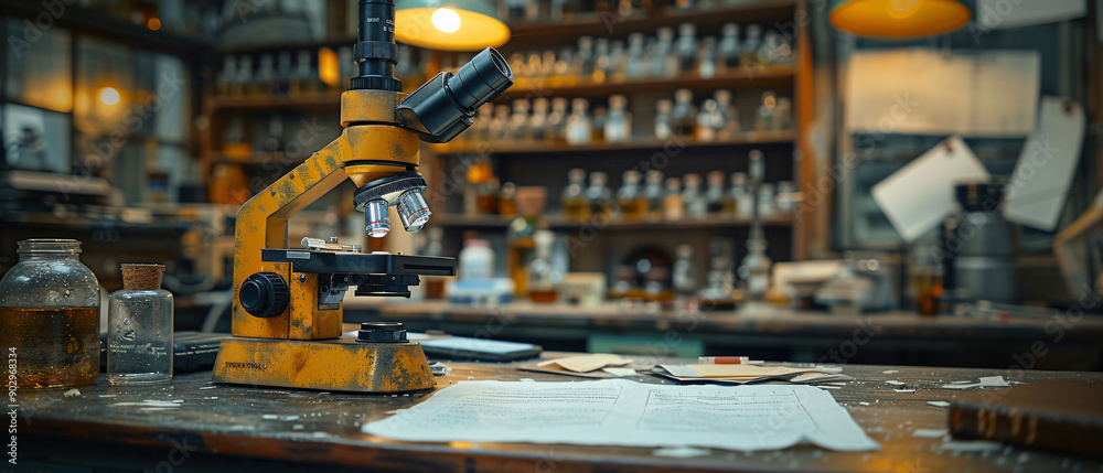Fototapeta premium Vintage Microscope On Wooden Table In A Laboratory Setting