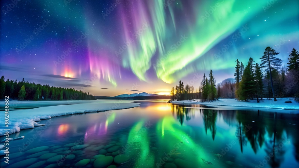 Ethereal Glow of Aurora Borealis Over a Frozen Lake  Generative AI