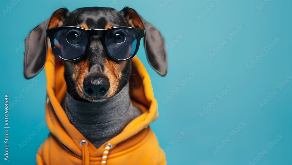 Dachshund dog in sunglasses and hoodie isolated on blue background, summer mood concept, animal dressed up like tourist. Dachshund dog in sunglasses and hoodie isolated on blue background, summer mood concept, animal dressed up like tourist.