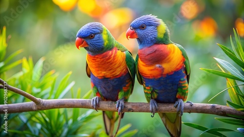 Rainbow Lorikeets: A Symphony of Colors in a Lush Garden  generative AI photo