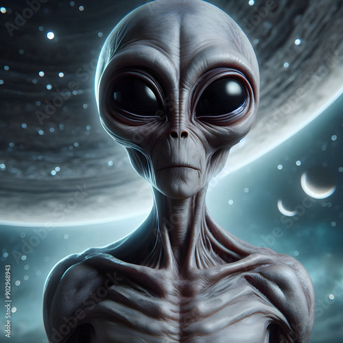 Mysterious Grey Alien | A detailed illustration of a grey alien standing in a desolate alien world. Suitable for use in sci-fi and fantasy projects.