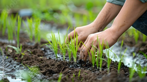 Close-up of farmers' hands carefully transplanting delicate rice seedlings into a flooded paddy field