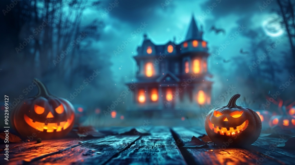 Haunted House with Full Moon in the Background. Haunted House Scene. Haunted House with Full Moon in the Background. Haunted House Scene.
