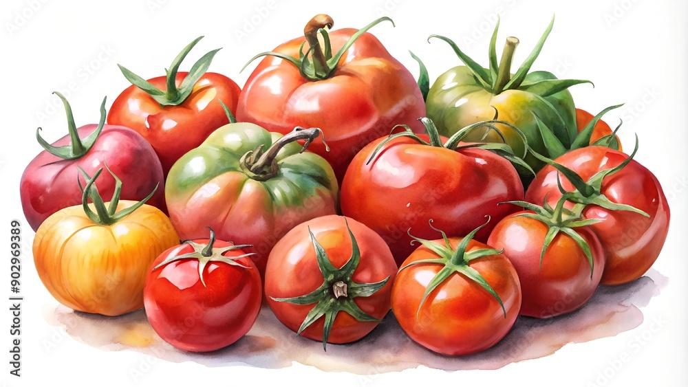 A Symphony of Red: A Watercolor Painting of Tomatoes Generative AI A Symphony of Red: A Watercolor Painting of Tomatoes Generative AI