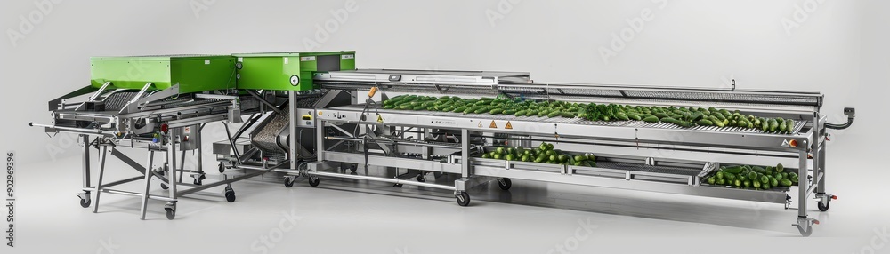 A conveyor belt is filled with cucumbers. The cucumbers are being washed and sorted. The conveyor belt is moving at a steady pace A conveyor belt is filled with cucumbers. The cucumbers are being washed and sorted. The conveyor belt is moving at a steady pace