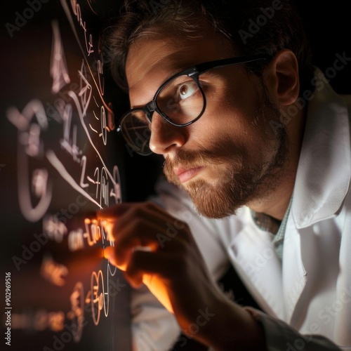 A focused scientist in a lab coat examines complex formulas on a whiteboard. His intense gaze reflects deep thought and determination.