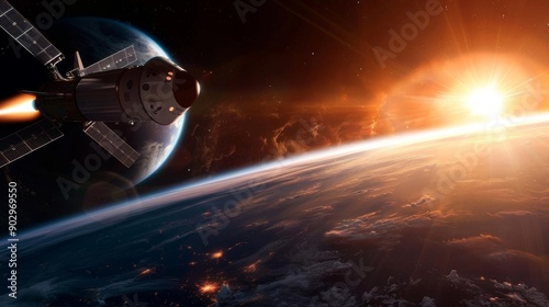 A futuristic spaceship soars through space, leaving a fiery trail behind it, with a bright sun rising in the distance.