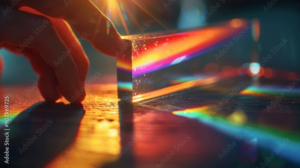 A hand holds a crystal prism, refracting light into a colorful rainbow on a dark surface. A hand holds a crystal prism, refracting light into a colorful rainbow on a dark surface.