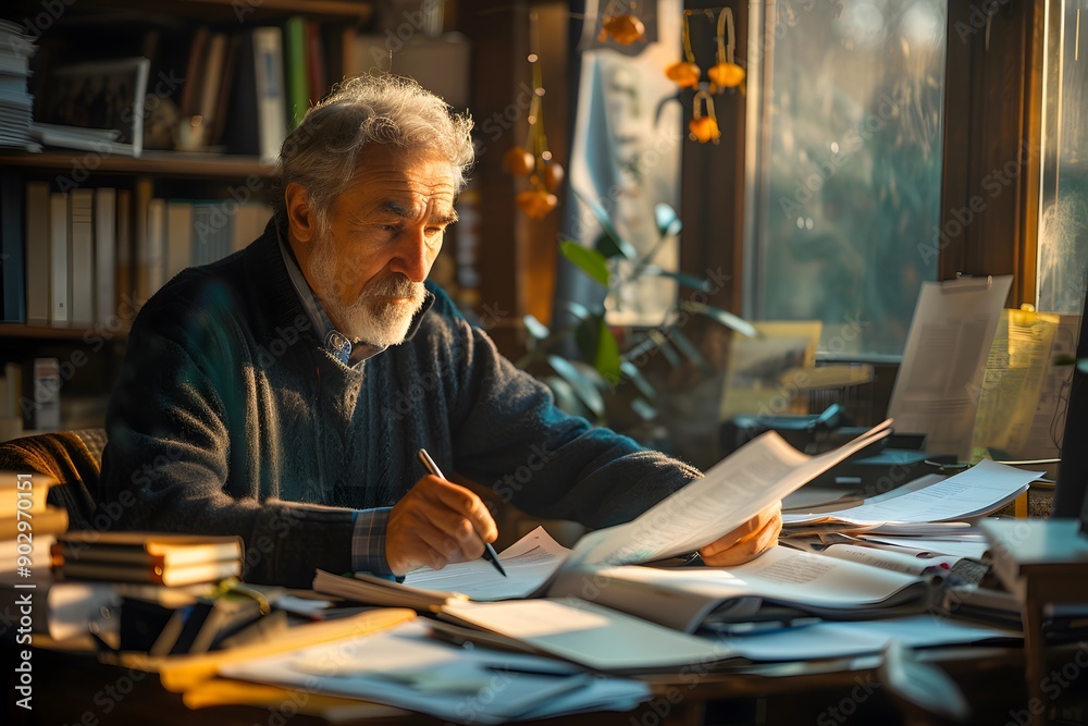 Fototapeta premium The Scholar's Sanctuary: An elderly gentleman immersed in his research, bathed in the warm glow of his study.