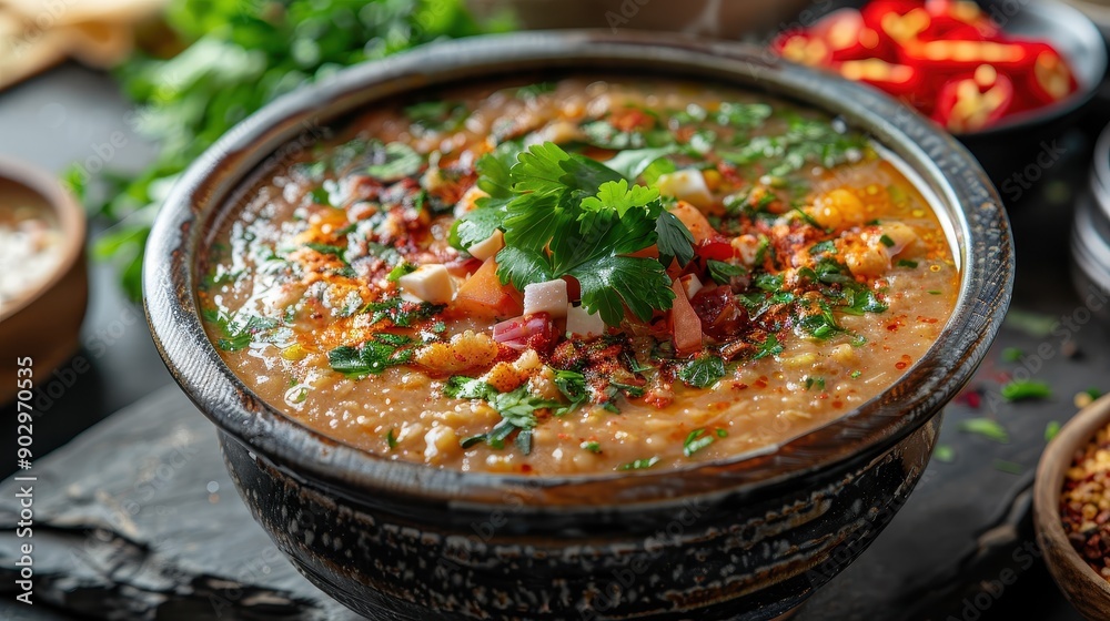 A bowl of soup with a bunch of parsley on top. The soup is orange and has a lot of vegetables in it A bowl of soup with a bunch of parsley on top. The soup is orange and has a lot of vegetables in it