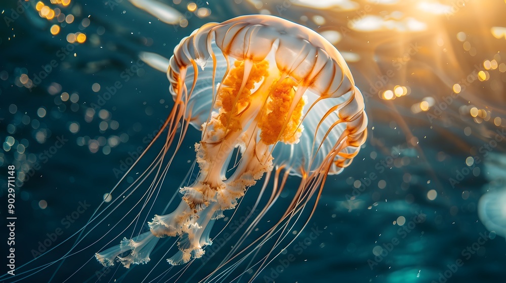 Fototapeta premium Mesmerizing Jellyfish Drifting in Sunlit Ocean Ethereal Marine Creature Glowing Underwater