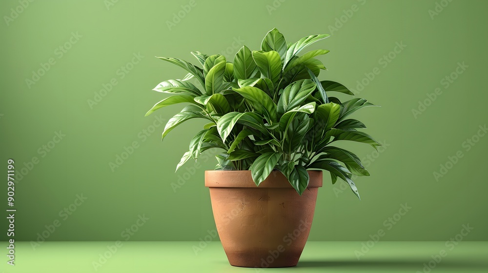 Lush Green Potted Plant Against a Soft Green Background Lush Green Potted Plant Against a Soft Green Background