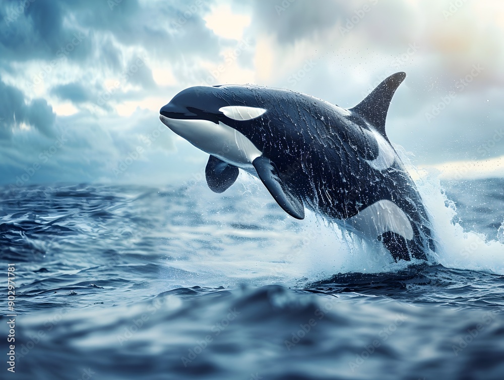 Fototapeta premium Majestic Orca Breaching Through Dramatic Oceanic Seascape with Cloudy Sky