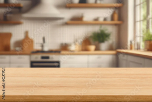 Kitchen wood table top for product display with blurred modern interior. Wooden tabletop over defocused kitchen background. kitchen furniture and desk space. product promotion in the kitchen
