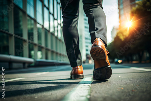 Close-up focus on the legs of a young businessman walking to work in the morning