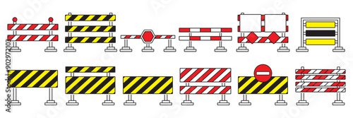 Flat icons of road closure signs, road dividers and road repair safety signs. Road blocks and pedestrian barriers flat colored icons isolated on transparent background flat vector illustration.