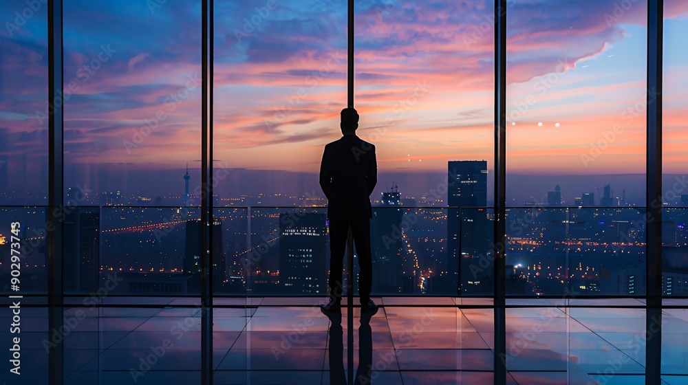 A businessman stands by a large window, admiring the vibrant sunset over the city skyline filled with skyscrapers A businessman stands by a large window, admiring the vibrant sunset over the city skyline filled with skyscrapers