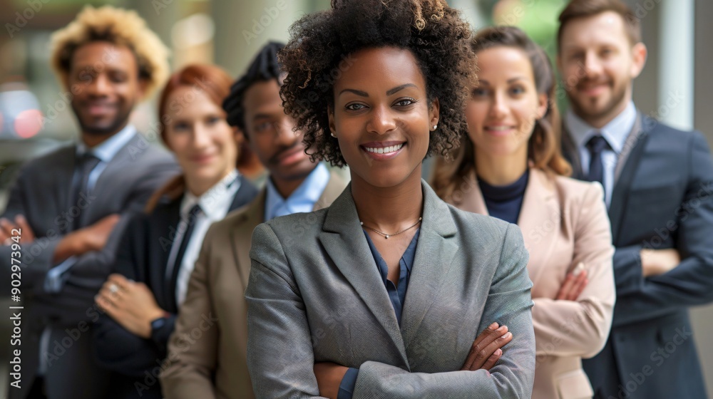 A confident woman stands at the forefront, flanked by a diverse group of professionals showcasing teamwork and positivity in a business environment A confident woman stands at the forefront, flanked by a diverse group of professionals showcasing teamwork and positivity in a business environment