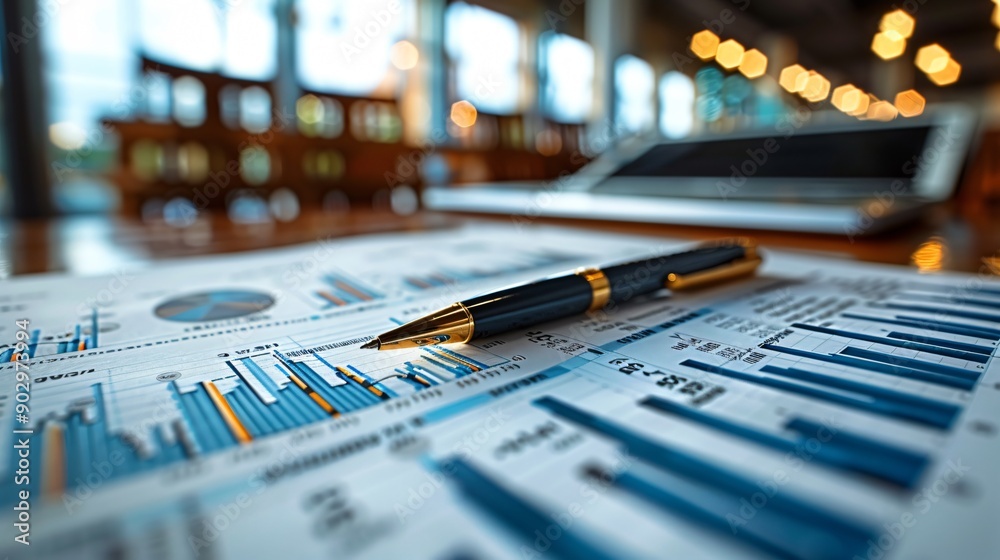 Charts and graphs on paper are analyzed with a pen in a warm café atmosphere, showcasing financial insights in an inviting workspace Charts and graphs on paper are analyzed with a pen in a warm café atmosphere, showcasing financial insights in an inviting workspace