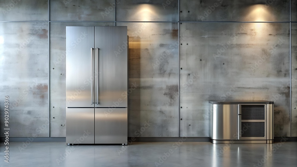 Industrial Chic: Brushed Stainless Steel Fridge Against Raw Concrete AI generated Industrial Chic: Brushed Stainless Steel Fridge Against Raw Concrete AI generated
