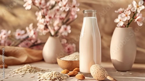 Almond milk, oat milk, rice milk, plant-based milks, natural cosmetic and food ingredients, still life