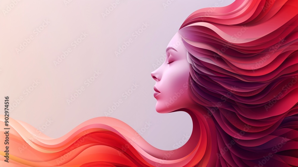 A stunning profile of a woman with vibrant flowing hair, blending shades of red and pink against a soft gradient background A stunning profile of a woman with vibrant flowing hair, blending shades of red and pink against a soft gradient background