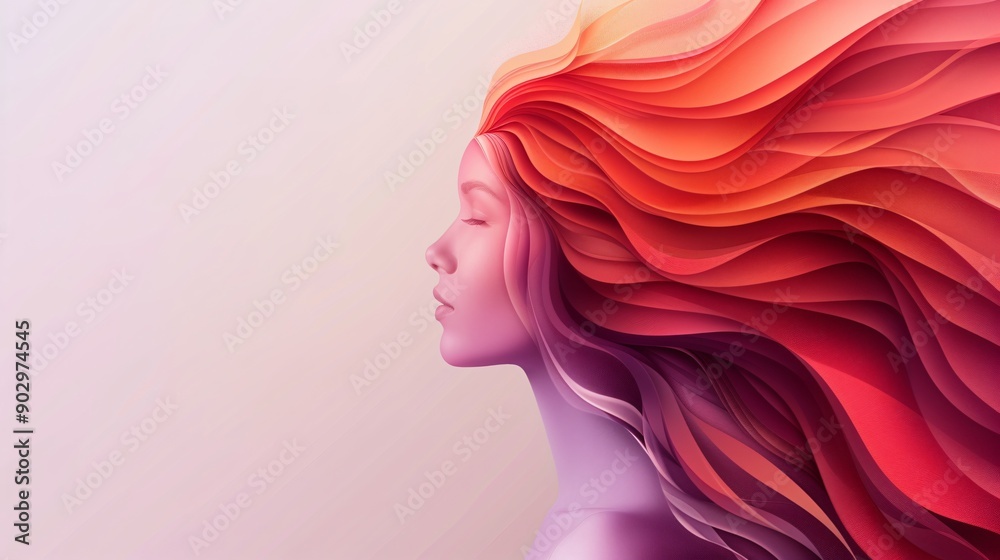 A woman’s serene profile displays vibrant red hair cascading in waves, contrasting beautifully with a soft pink backdrop A woman’s serene profile displays vibrant red hair cascading in waves, contrasting beautifully with a soft pink backdrop