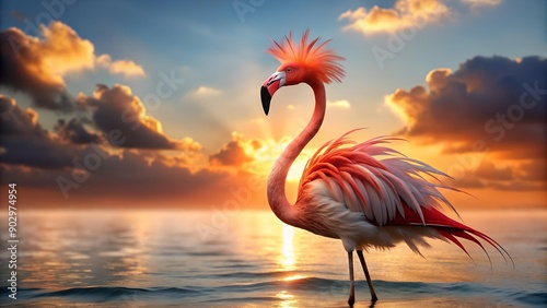 Flamingo Punk: A Crimson Crest Against the Sunset  Generative AI