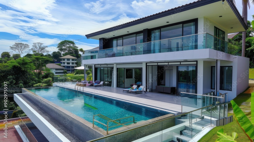 Fototapeta premium Modern Luxury Villa Overlooking Tropical Landscape With Infinity Pool and Clear Blue Sky
