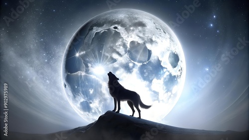 Serene Moonlight Wolf Silhouette  AI Generated photo