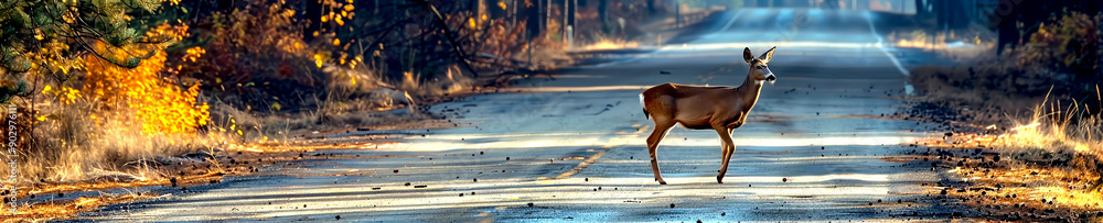 A deer crossing a highway at a designated wildlife crossing area A deer crossing a highway at a designated wildlife crossing area