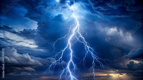 Electric Crackling Through the Night: A Dramatic Lightning Bolt Against a Dark Blue Sky AI Generated