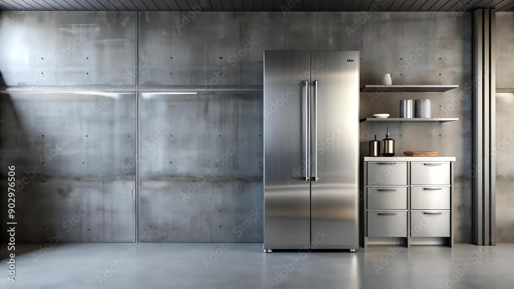 Industrial Chic: Brushed Stainless Steel Fridge Against Raw Concrete Generative AI Industrial Chic: Brushed Stainless Steel Fridge Against Raw Concrete Generative AI