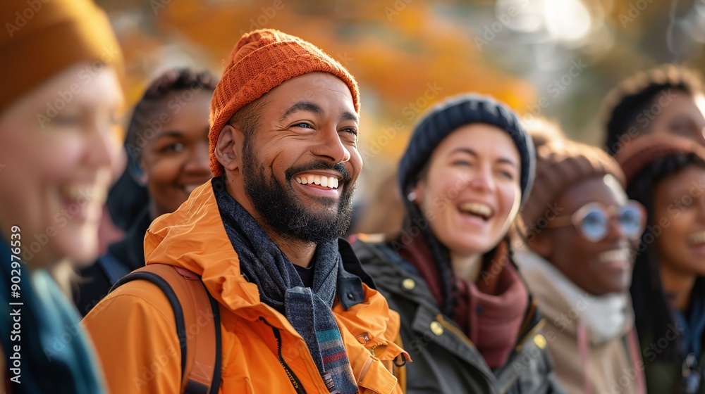 Autumn Laughter: A diverse group of friends enjoy a crisp autumn day, their laughter echoing through the golden leaves Autumn Laughter: A diverse group of friends enjoy a crisp autumn day, their laughter echoing through the golden leaves