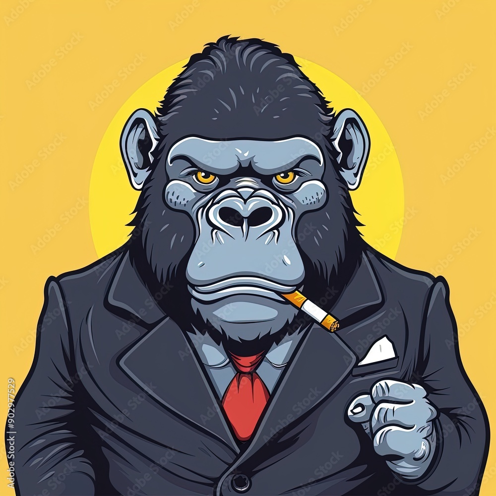 Fototapeta premium Serious gorilla wearing suit smoking cigarette looking at you
