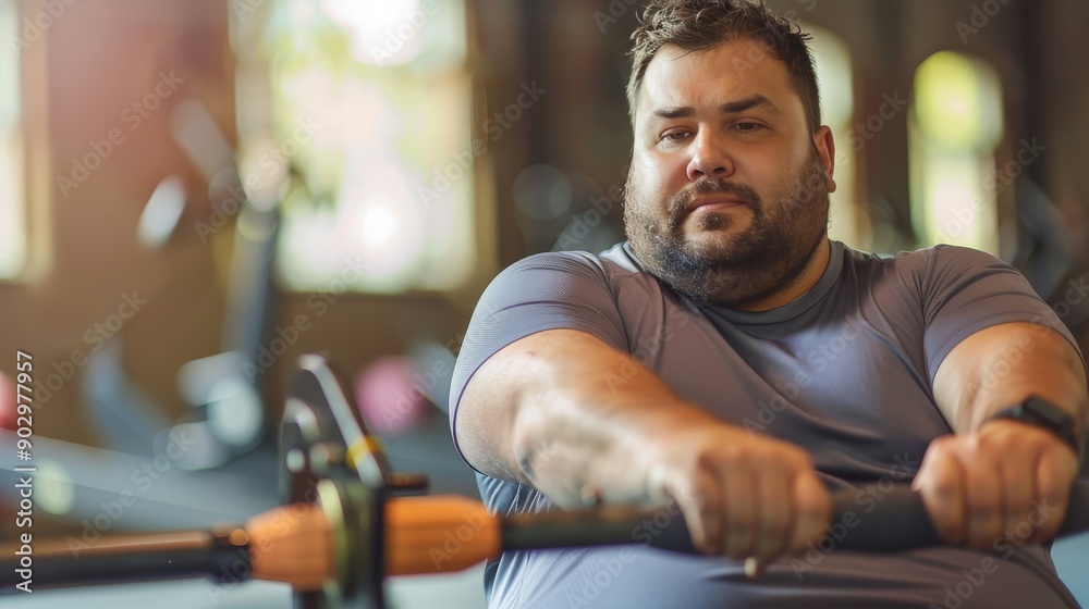 Plus-size man rowing on a rowing machine, giving it his all
