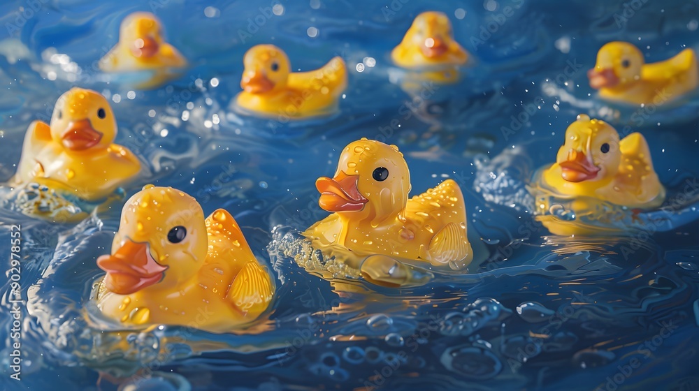 Fototapeta premium Playful Rubber Duck Parade in a Splashing Blue Pool