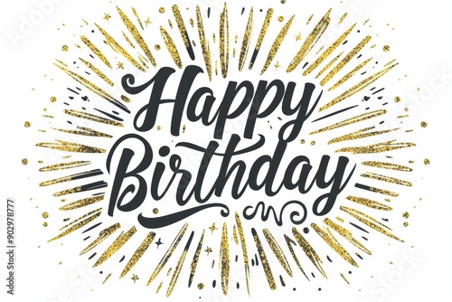 illustration of the text "Happy Birthday" in a cursive style, with a sunburst decoration around it on a white background Generative AI