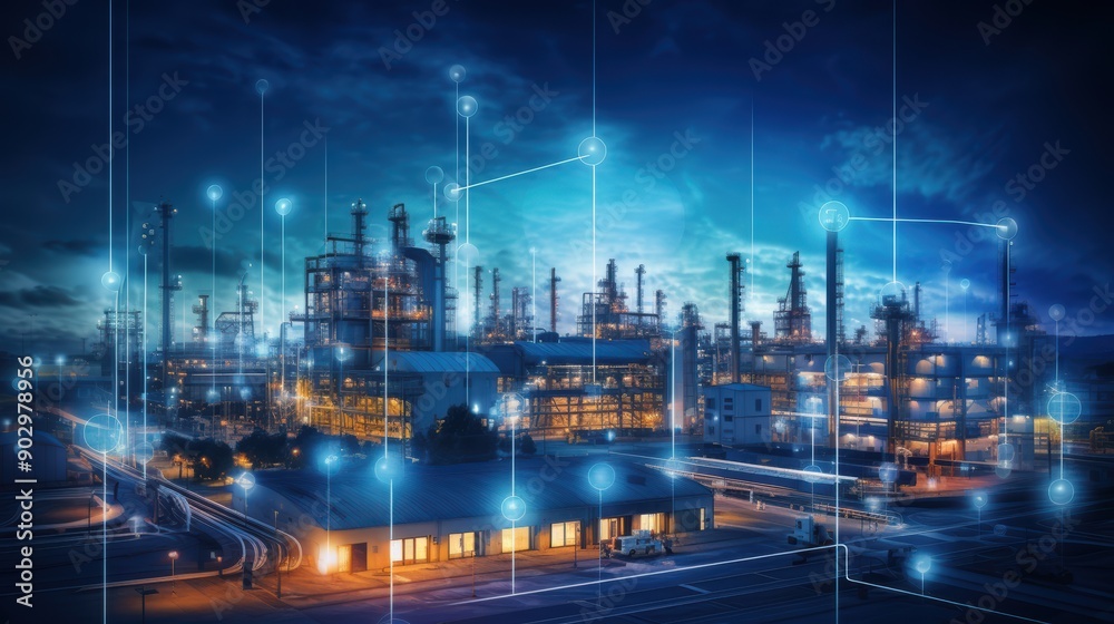 Modern factory, communication network. Telecommunication. IoT, Internet of Things, ICT, Information communication Technology,. Smart factory. Digital transformation, cloud connecting, generate by AI Modern factory, communication network. Telecommunication. IoT, Internet of Things, ICT, Information communication Technology,. Smart factory. Digital transformation, cloud connecting, generate by AI