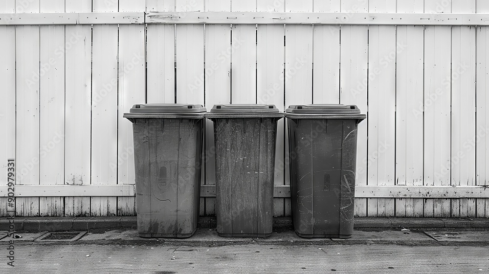 Three garbage bins against a white fence in a clean alleyway