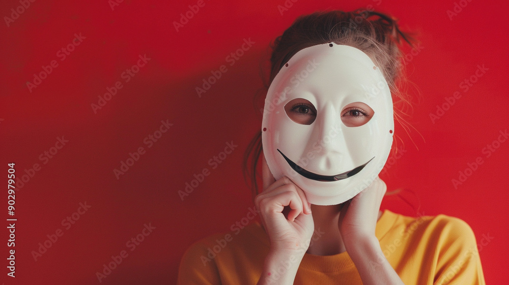 Positive morning emotion, motivation, self love, mental health, optimism, social media games, positive thinking. Woman in yellow sweater holds huge big smiling face in her hands instead of head. 