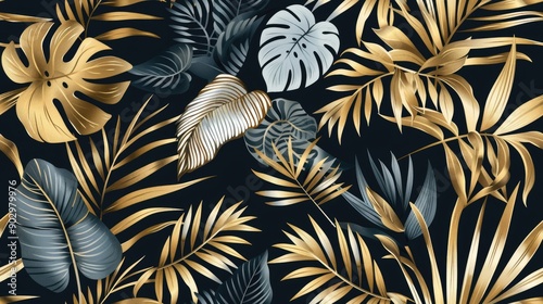 Tropical leaves in metallic gold