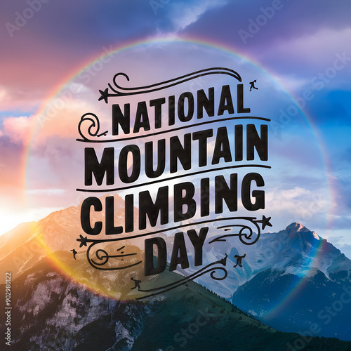 A rainbow over a mountain with the words national mountain climbing day