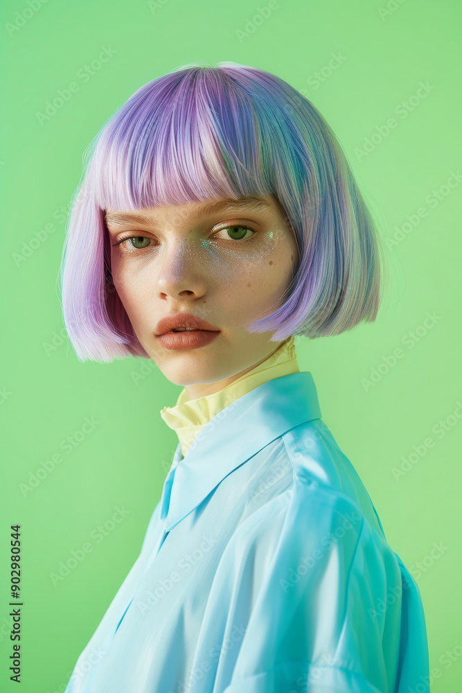 Model with a fashion purple bob haircut. Ideal content for hair salons, hairtrends, hairdresser concept. Model with a fashion purple bob haircut. Ideal content for hair salons, hairtrends, hairdresser concept.
