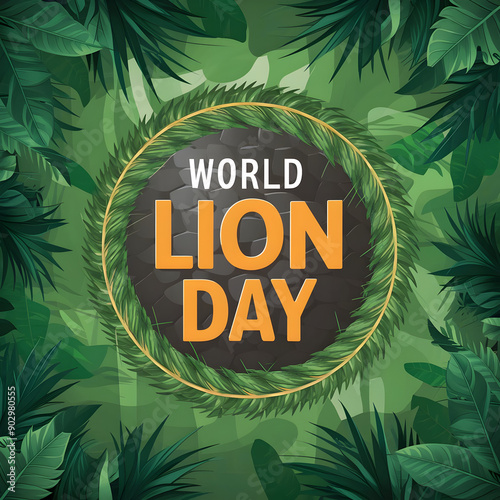 A green background with leaves and the words world lion day photo